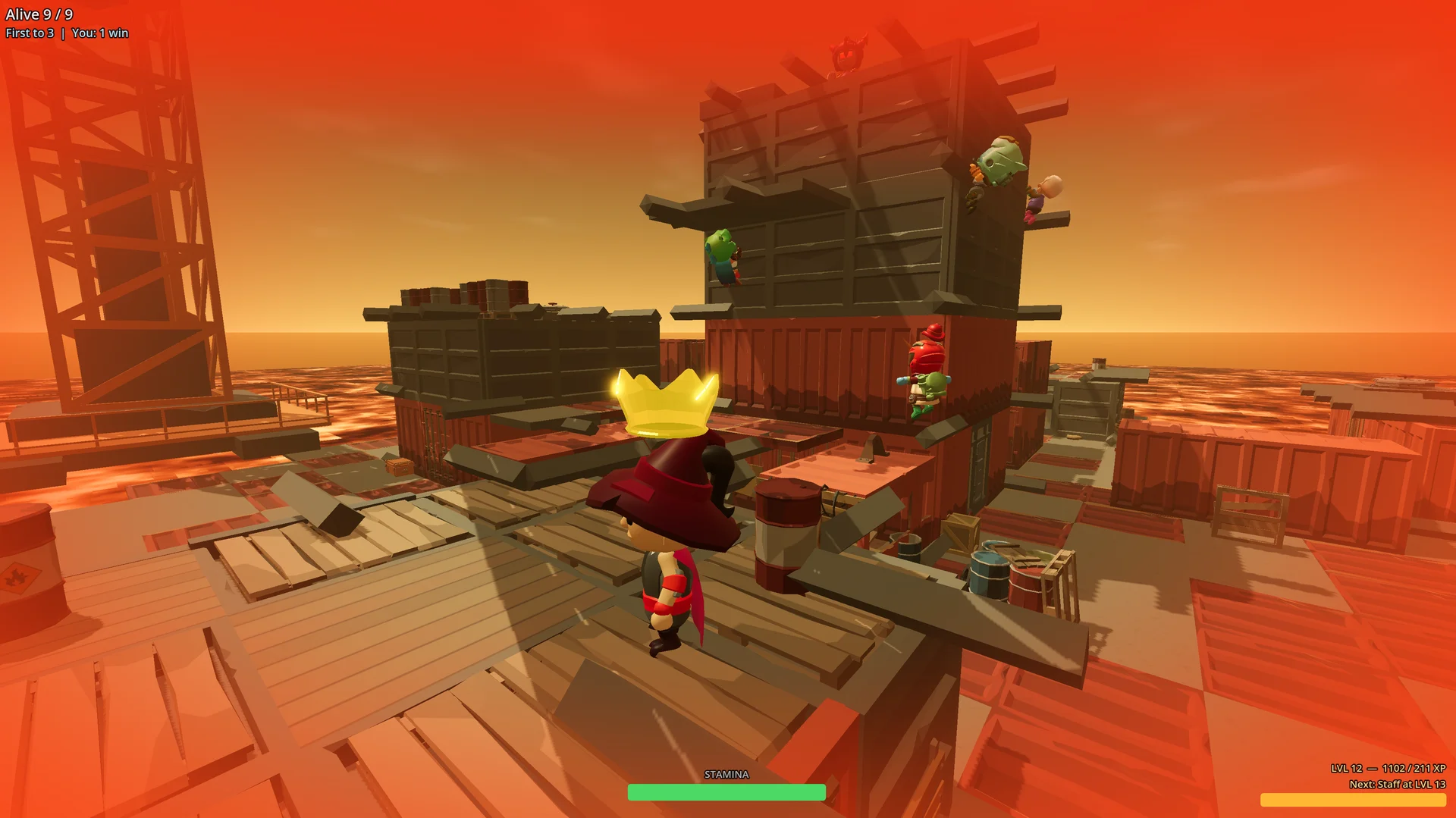 Players scrambling across the shipping yard arena in Boop n Burn.