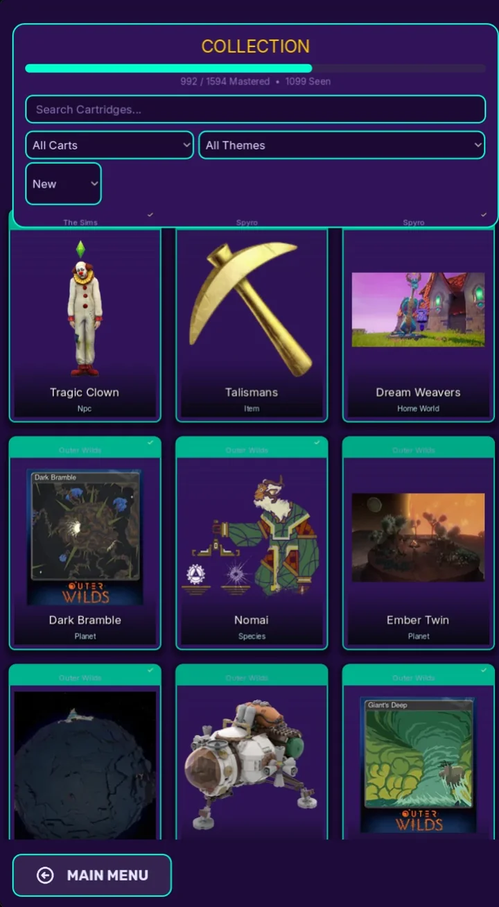 The collection screen showing illustrated cartridges from The Sims, Spyro and Outer Wilds