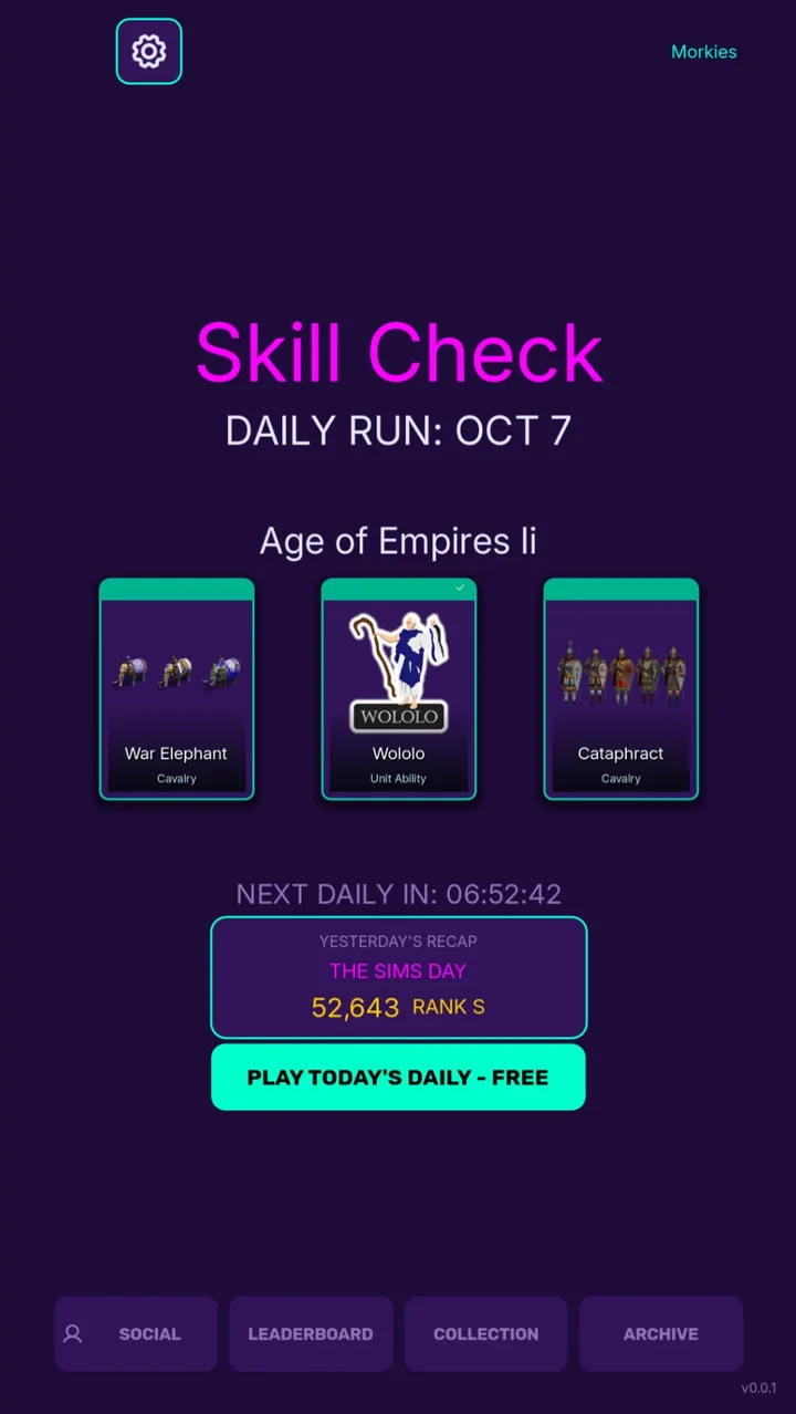 The Skill Check main menu showing today's Age of Empires II daily run, three illustrated cards and yesterday's score and rank