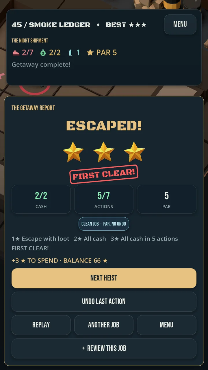 An escaped result screen with three stars and a first clear